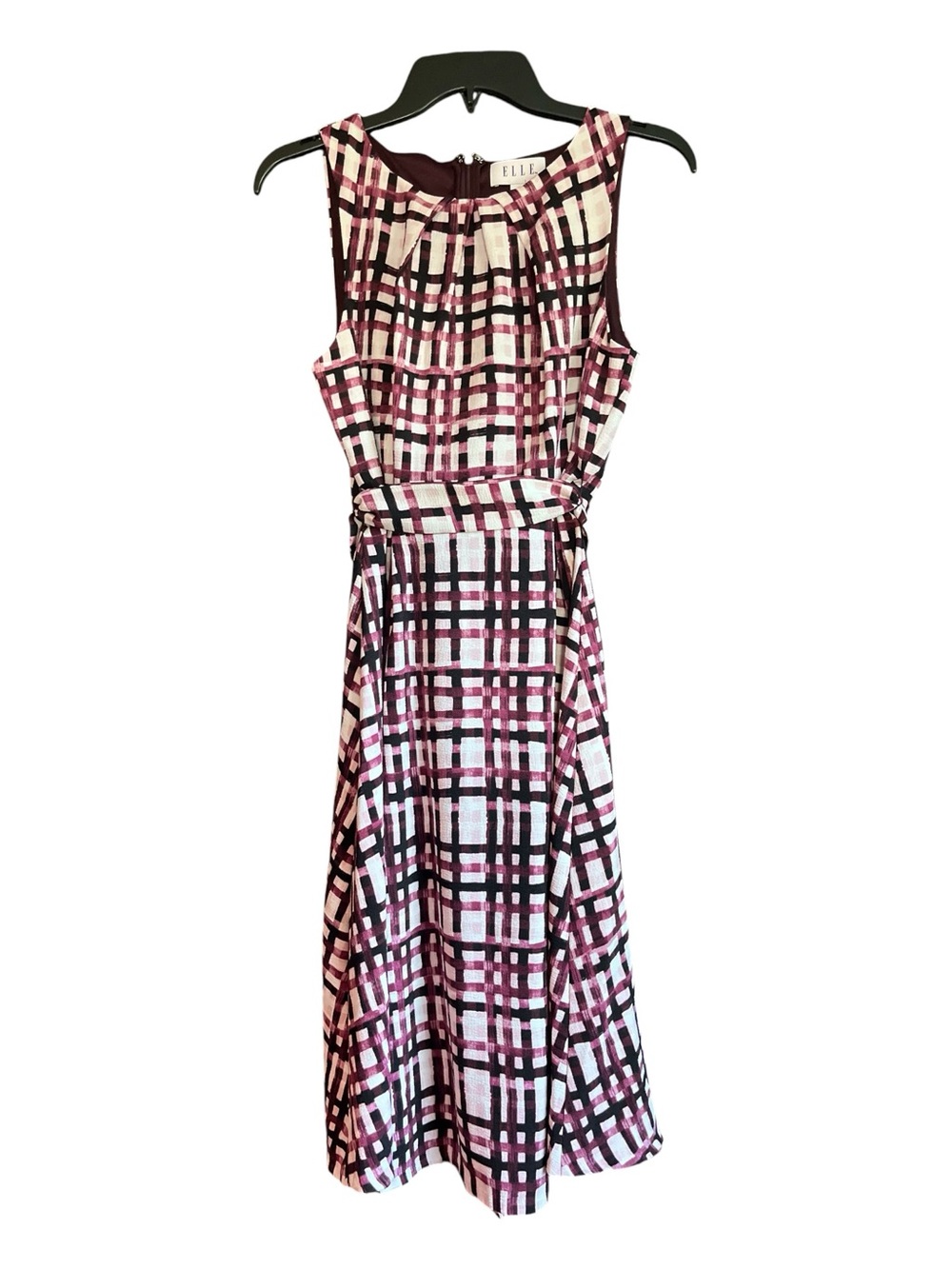 ELLE Pink Burgundy Plaid Sleeveless Midi Dress Small